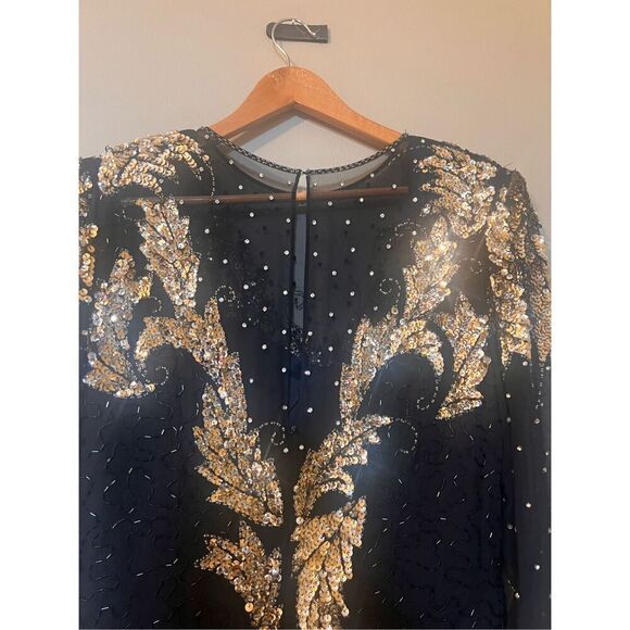 Vintage Jaqueline Ferrar 12 Sequin Beaded Sheath Dress Black Gold Party Cocktail - Picture 13 of 14